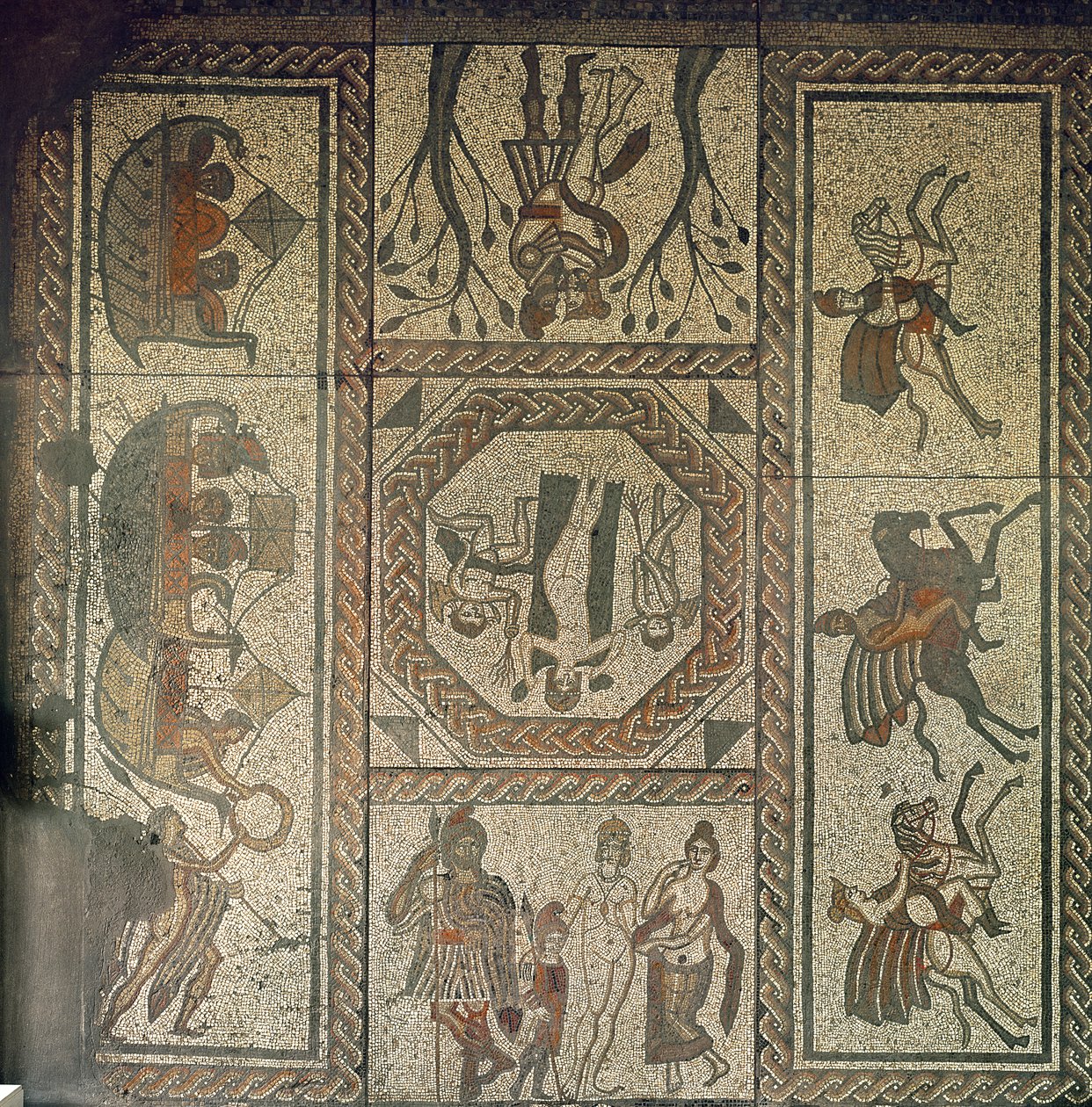 Mosaic pavement from the Roman villa at Low Ham, illustrating the story of Dido and Aeneas from Virgil