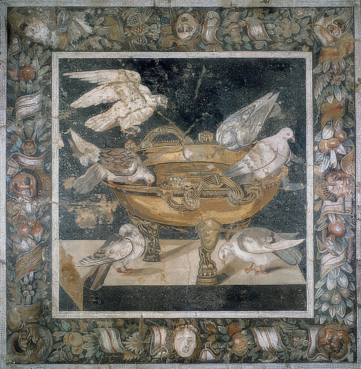 Mosaic from Pompeii with a Group of Doves on the Edge of a Labrum. 3rd Century BC by Roman