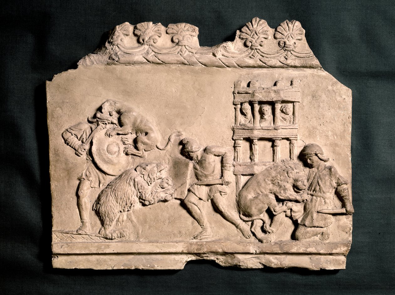 Roman Art: Bas-relief in Terracotta Showing Three Gladiators Battling by Roman