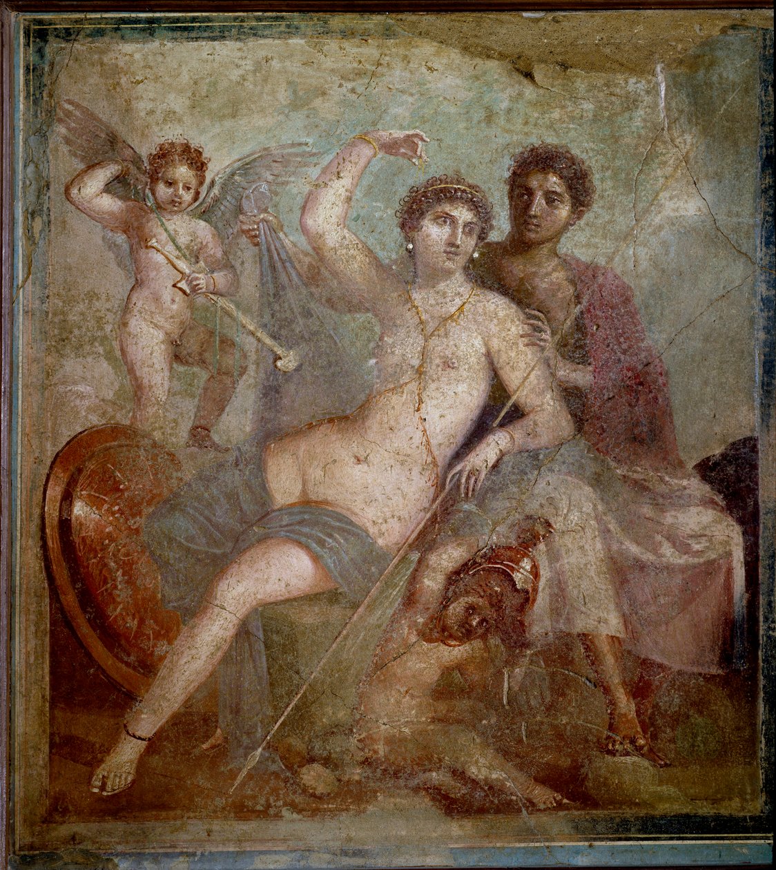 Representation of Ares and Aphrodite, accompanied by loves playing with the weapons of the god. Fresco from the Villa de Mars and Venus in Pompei. 1st century AD. Archaeological Museum of Naples by Roman