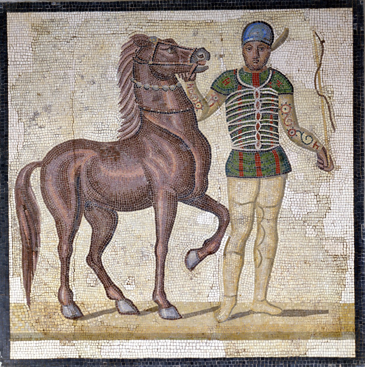 Representation of the four factions of the Roman circus: the Greens (factio prasina). The factions were clubs engaged in circus competitions in the Upper Empire and characterized by a color. Mosaic, Rome Museo nazionale Romano by Roman