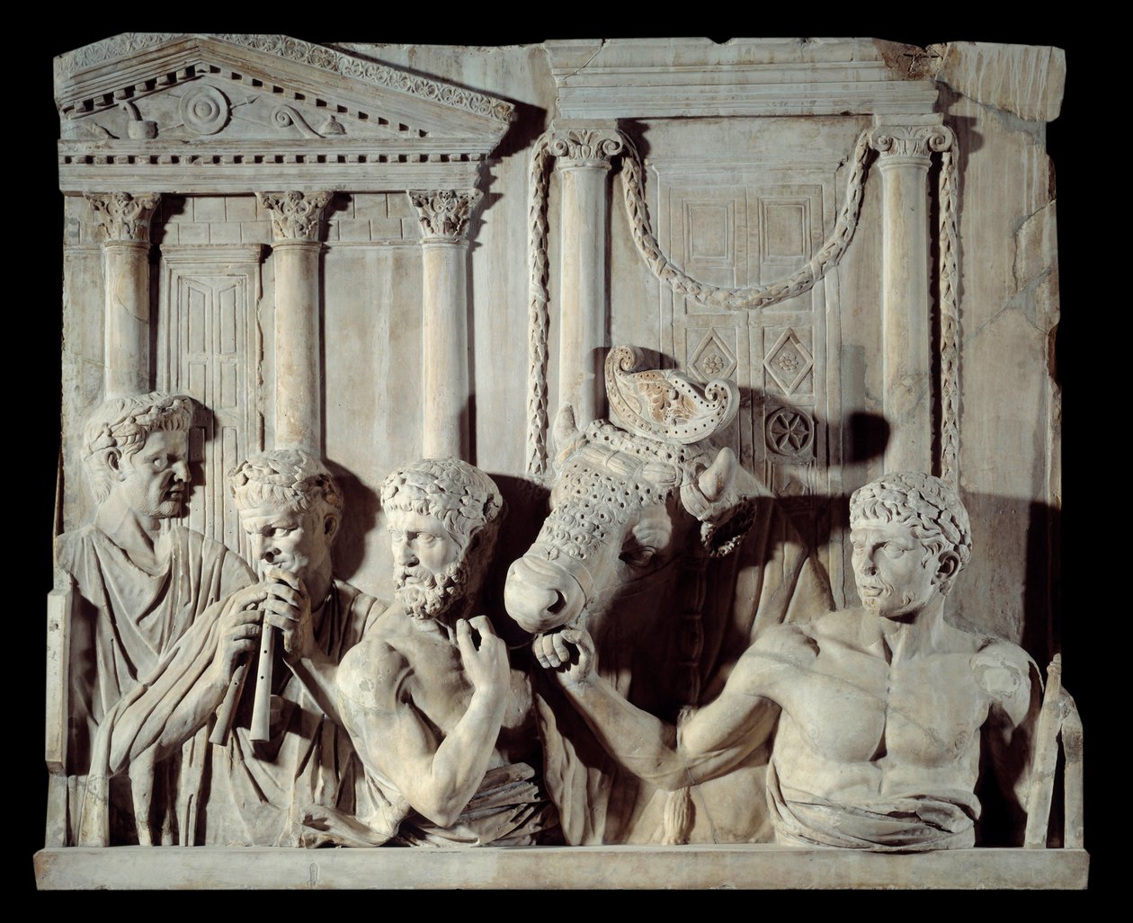 Roman Ancient Art: Fragment of an architectural relief: preparation of a sacrifice. Marble sculpture, from Rome by Roman
