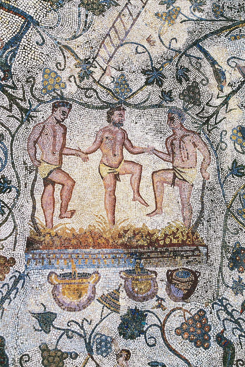 Roman Art: Harvest Mosaic. Detail representing three men crushing the grapes to obtain the must. Roman house of the amphitheatre. 3rd century AD. Merida Spain by Roman