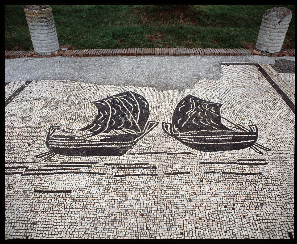 Roman Art: Ships Mosaic of the Corporation des gens de la mer, Place des Corporations by Roman
