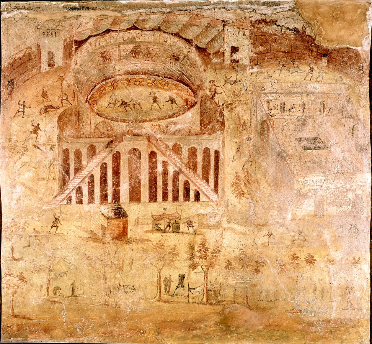 Roman Art: Violent Struggle Between the Inhabitants of Nocera and the Pompeians in the Amphitheatre of Pompeii in 59 AD (Detail) by Roman
