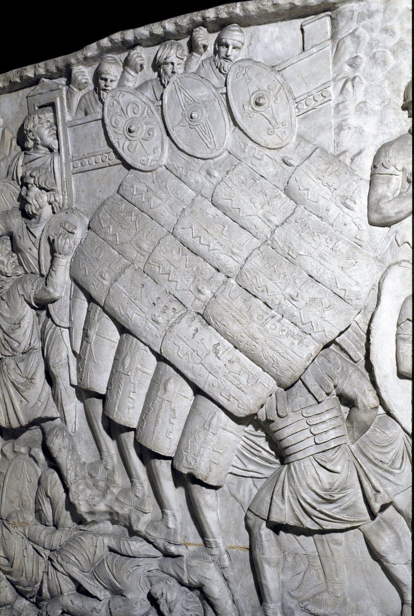 Roman Art: assault of the Romans during the First War. Mould of 1862 reproducing the bas-reliefs of the column of Trajan (Colonna Traiana) in Rome built during the reign of Emperor Trajan (53-117) by Roman