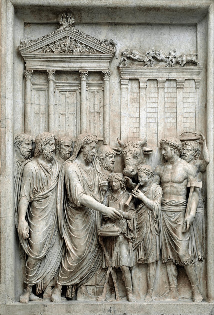 Roman Emperor Marcus Aurelius Sacrificing Before Temple of Jupiter, Rome, c.161-180 (Marble relief) by Roman