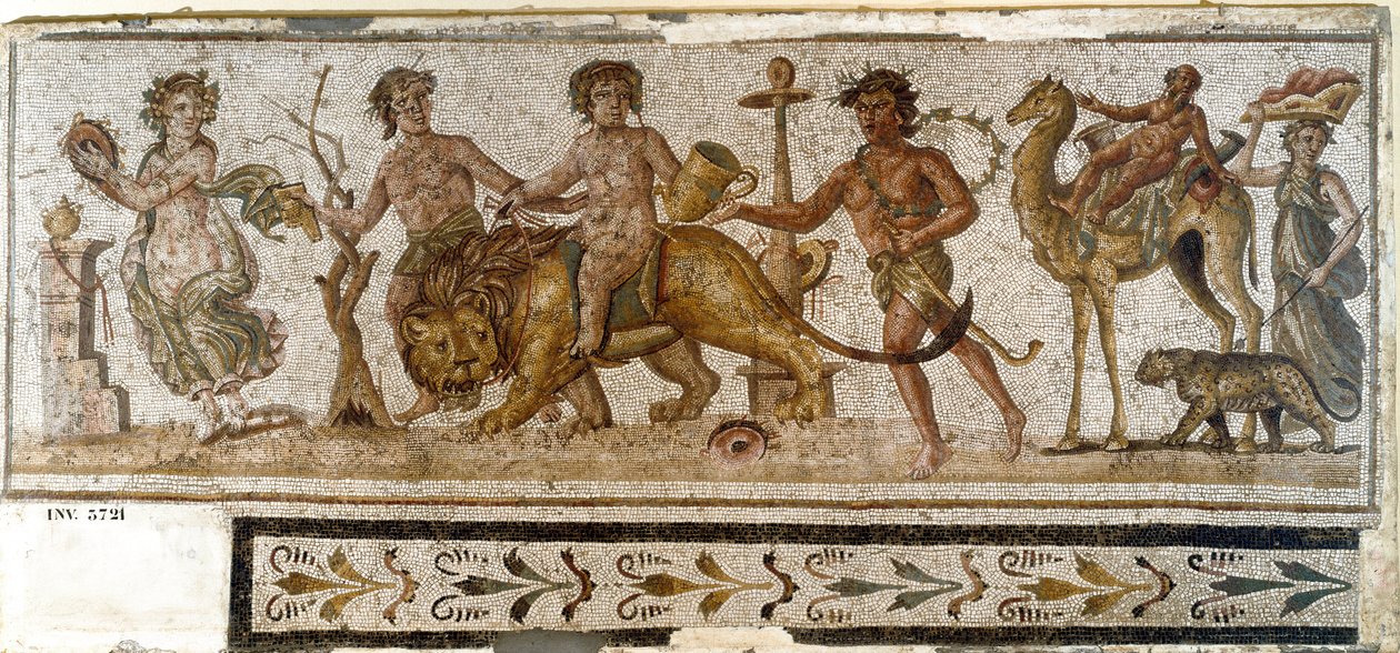 Roman antiquity: Dionysian Procession. Silene rides a camel, a maenad plays an instrument. Mosaic from El Jem (Thysdrus). 3rd century AD by Roman