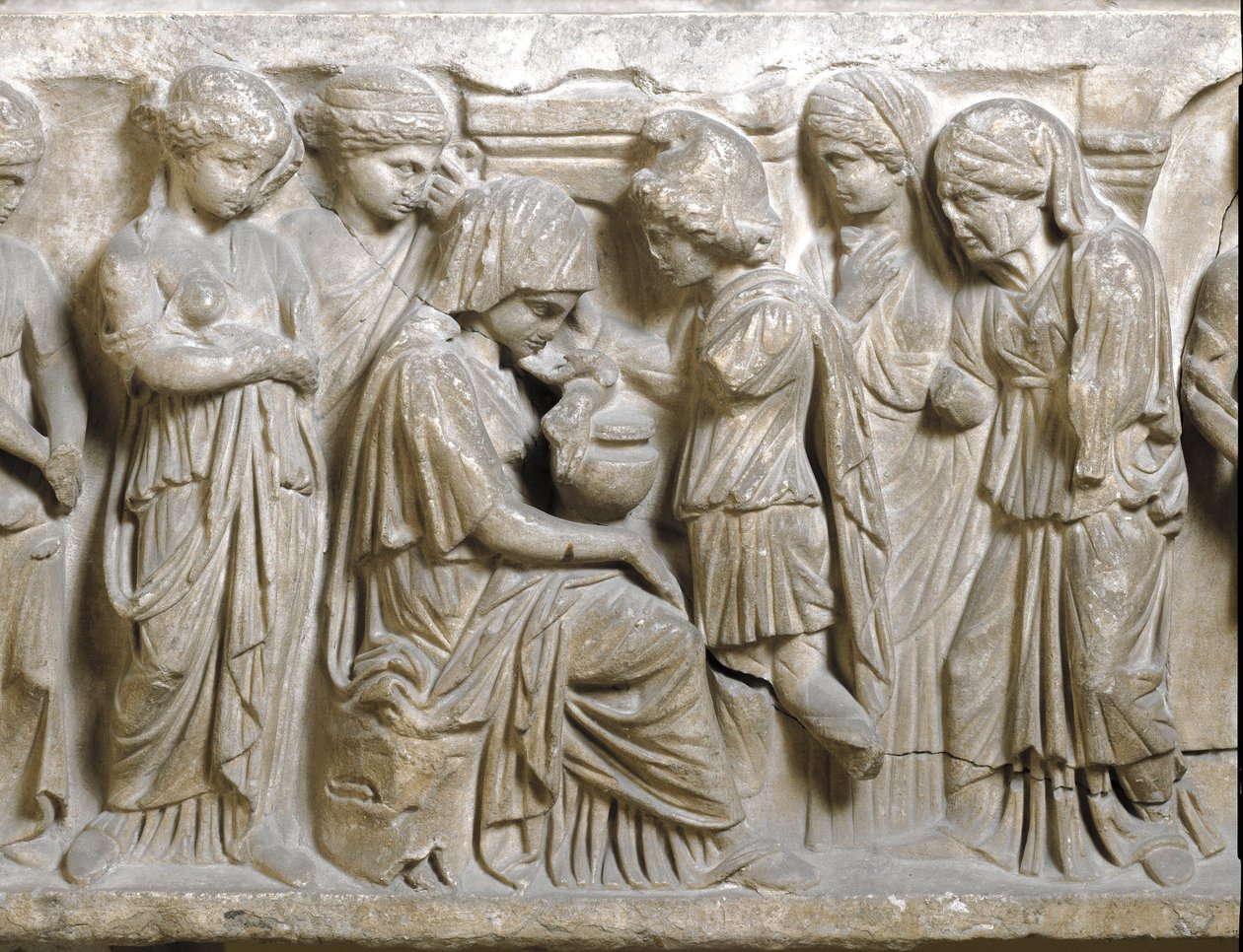 Roman antiquity: The sadness of Phedrus in love and repelled by Hippolyte. Low relief of sarcophagus called Phedrus and Hyppolite. 3rd AD by Roman