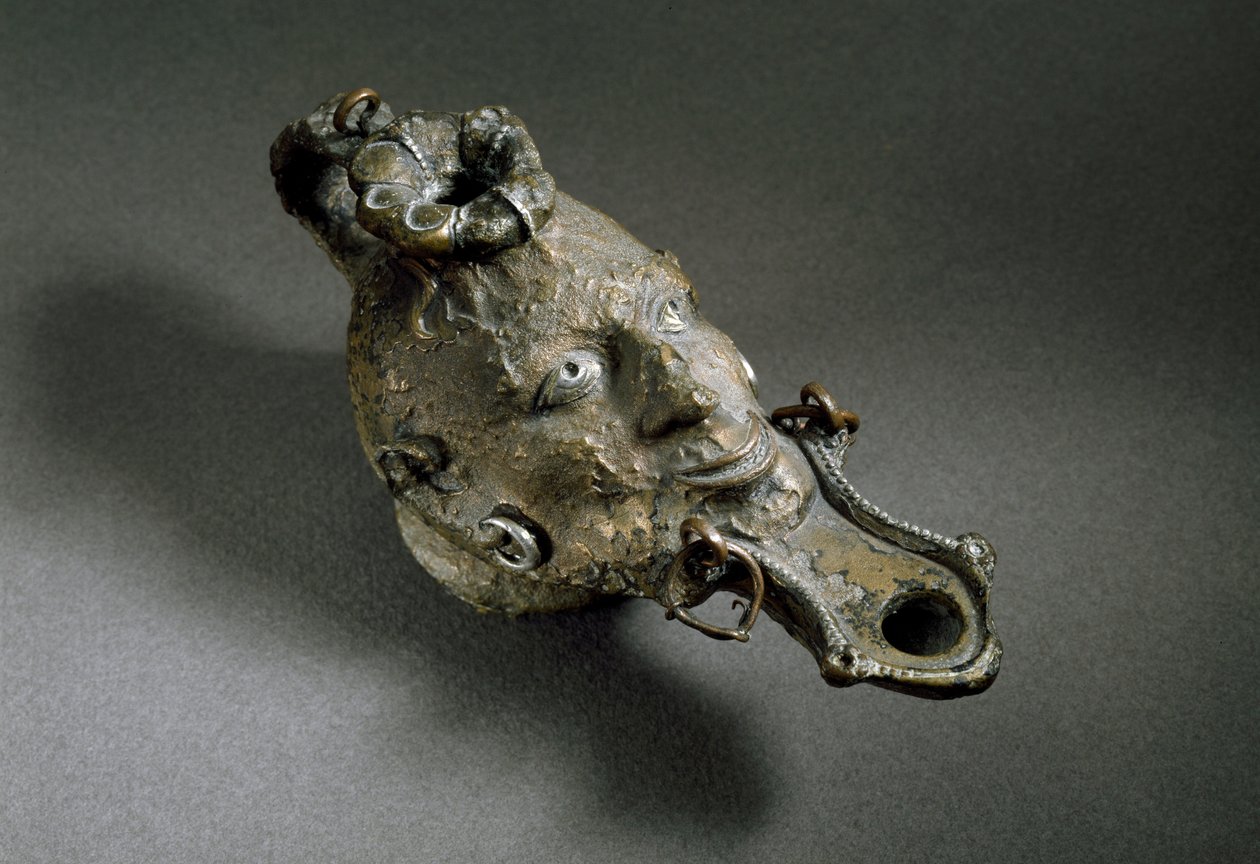 Roman Art: Bronze Oil Lamp in the Shape of a Face by Roman