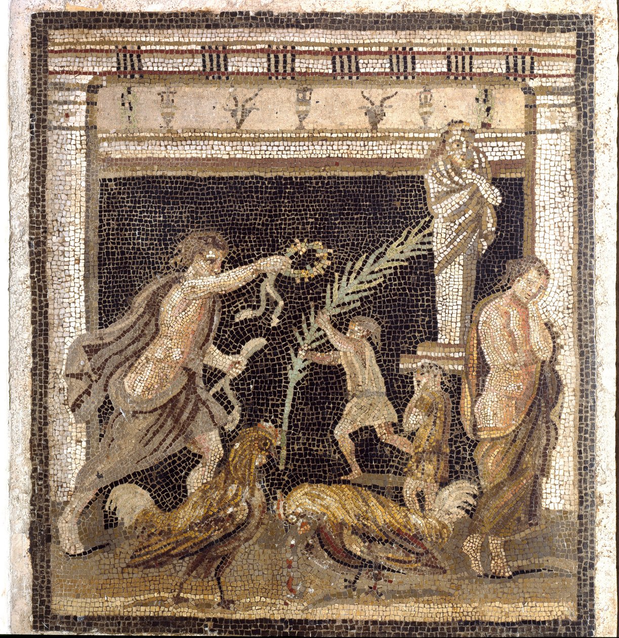Roman art: cockfighting in a palestra in the presence of the personifications of Defeat and Victory. Mosaic from Villa du Labyrinth in Pompei by Roman