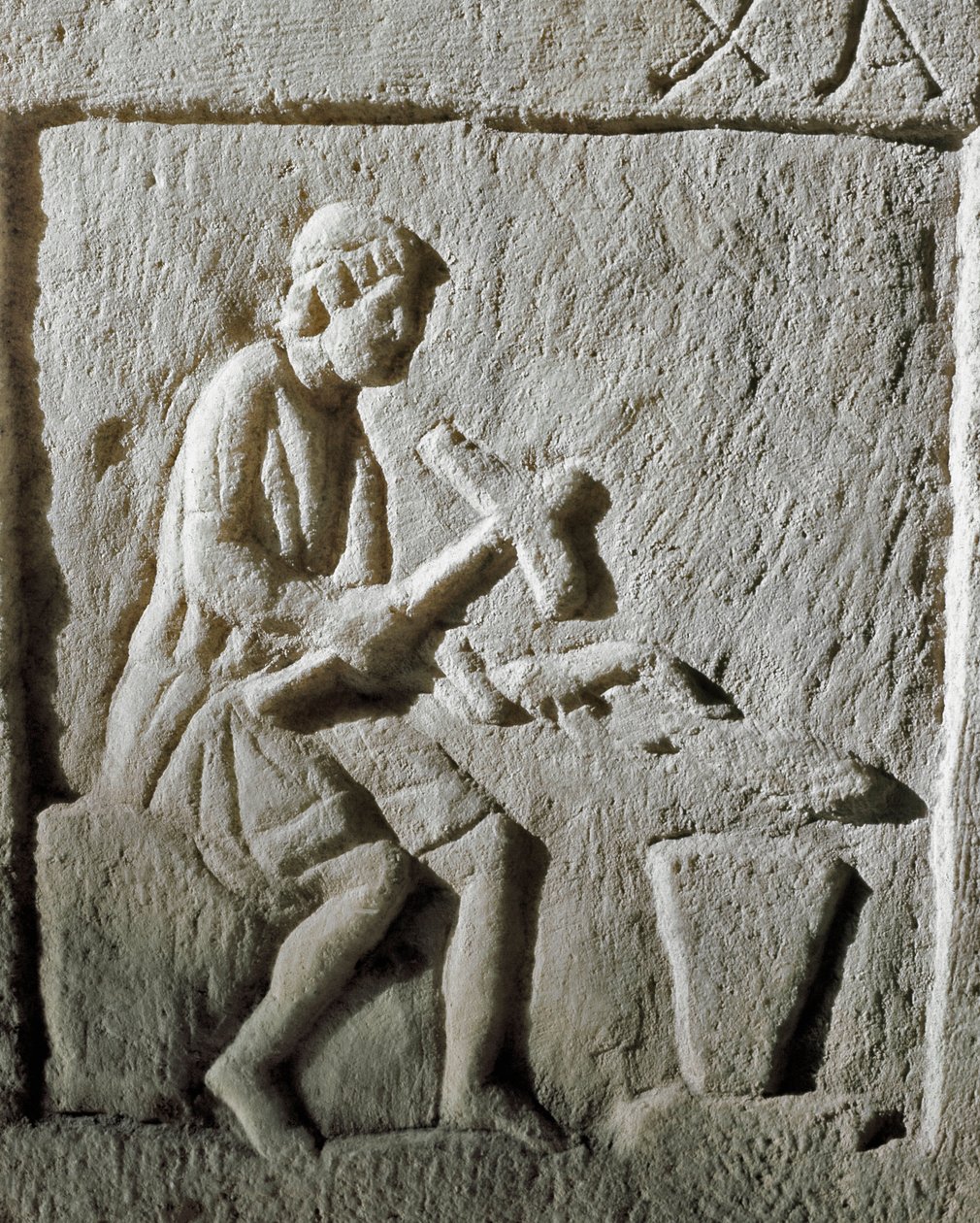 Roman Art: Detail of a Stele Depicting a Blacksmith Striking Metal on an Anvil by Roman