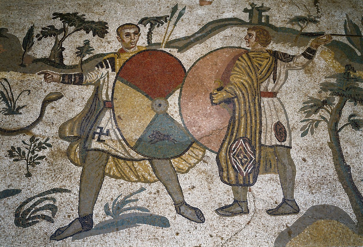 Roman art: (detail) of the mosaic The large hunting party. Hunters with large shields. 315-350 AD. Piazza Armerina, Villa Romana del Casale by Roman