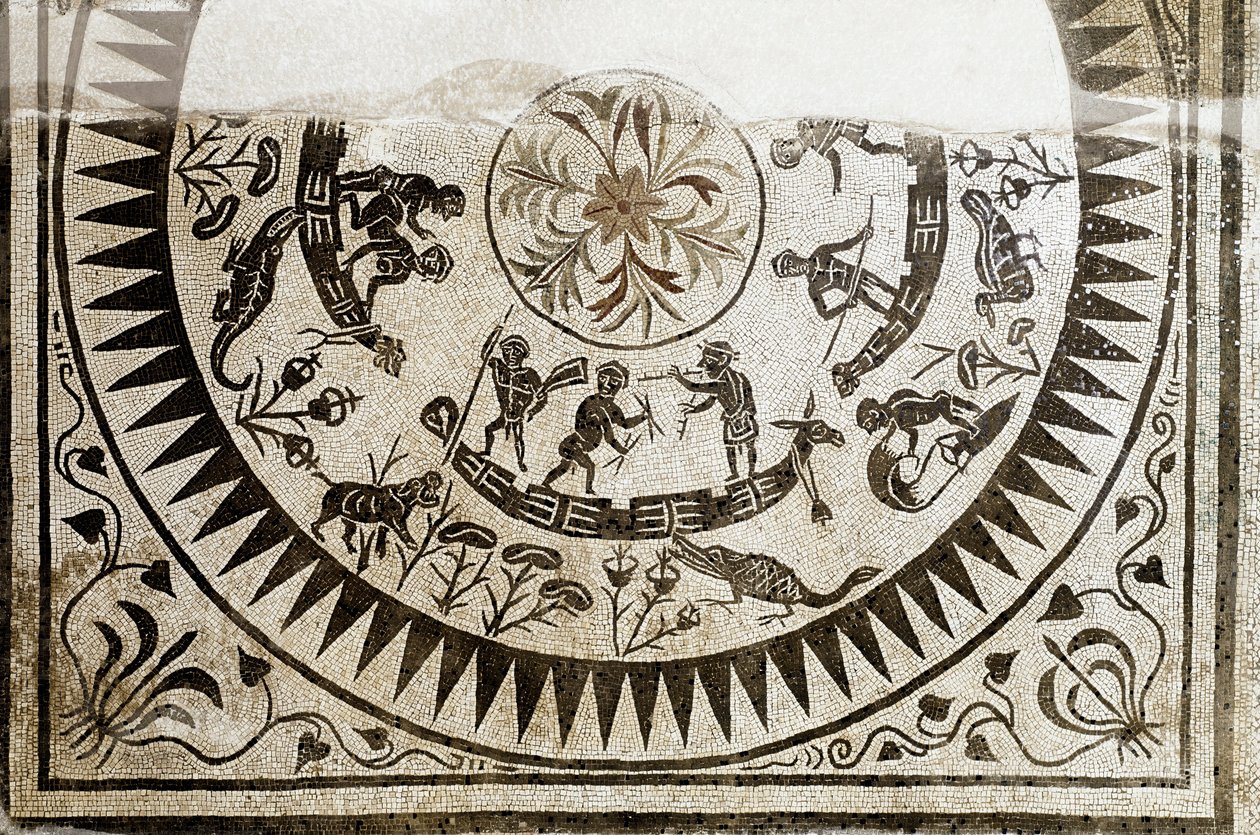 Roman art: hunting and fishing pygmies. Mosaic of the 3rd century by Roman