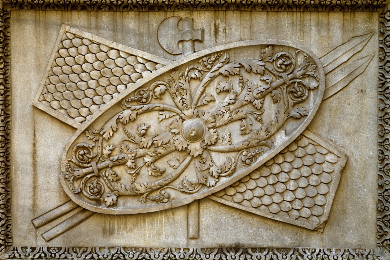 Roman Art: Low Relief Decorates a Shield and Weapons from the Temple of the Divine Hadrian by Roman