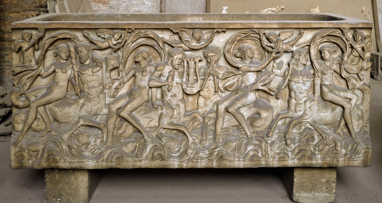 Roman Art: Sarcophagus Decorated with Low Reliefs Representing a Cortege of Maenads, Centaurs Dancing and Playing Music by Roman