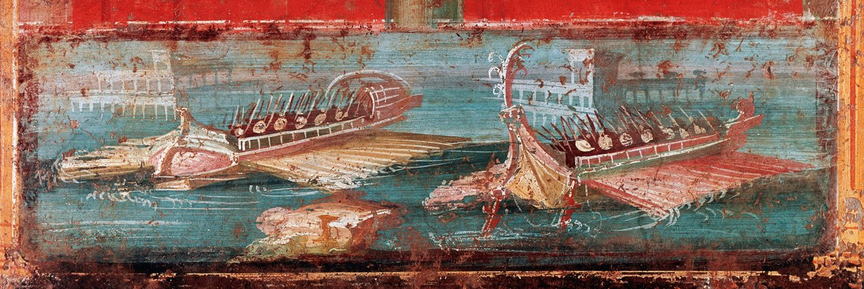 Roman war ships at the entrance of a port (fresco) by Roman