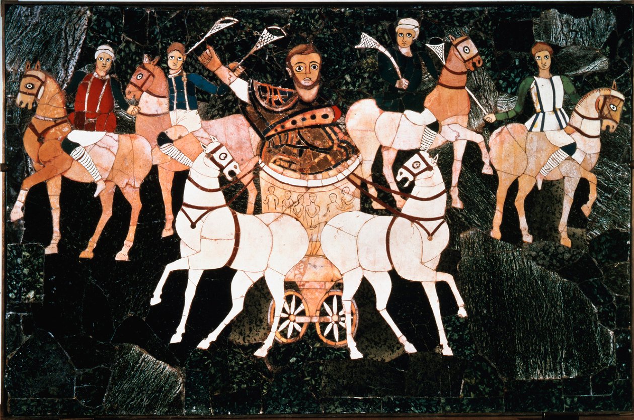 The Roman consul Iulius Annius Bassus represents on a quadriga of the sectile opus plate dating from the 4th century. Basilica of Junius Bassus (Basilica Iunii Bassi), Esquiline in Rome. Preserved at the Conservatori Museum, Rome by Roman