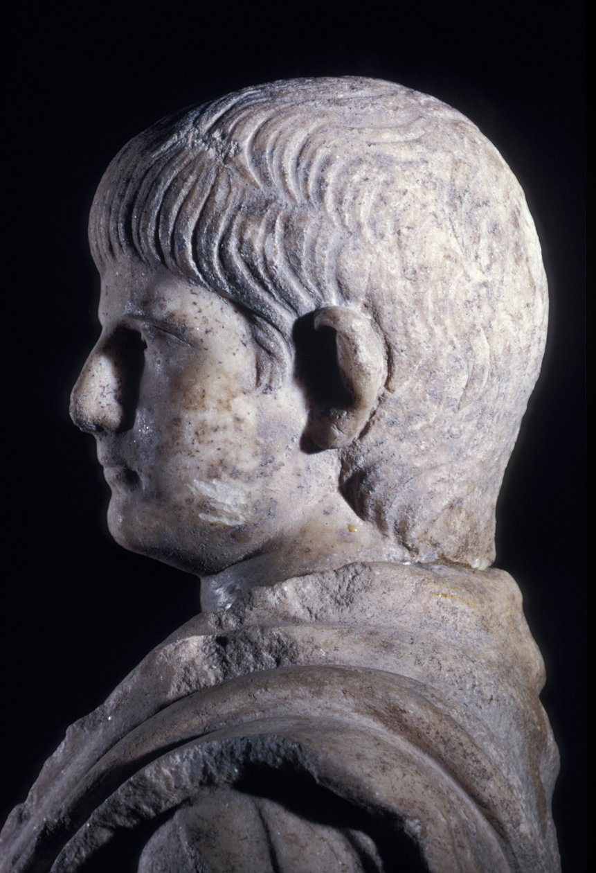 Togate statue of the young Nero, side view of the head (detail) by Roman