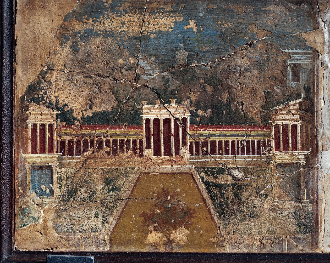 Ancient Roman Fresco with Architectonic Themes from Pompeii by Roman Roman