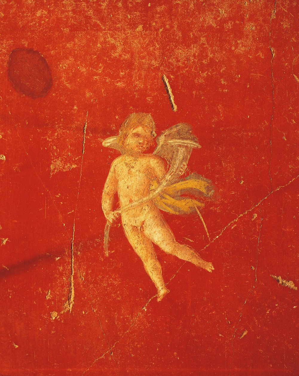 Cherub in Red Pompeian Background, Fresco in Fourth Pompeian Style, from House of Pinario Ceriale, Pompeii, Campania, Roman Civilization by Roman Roman