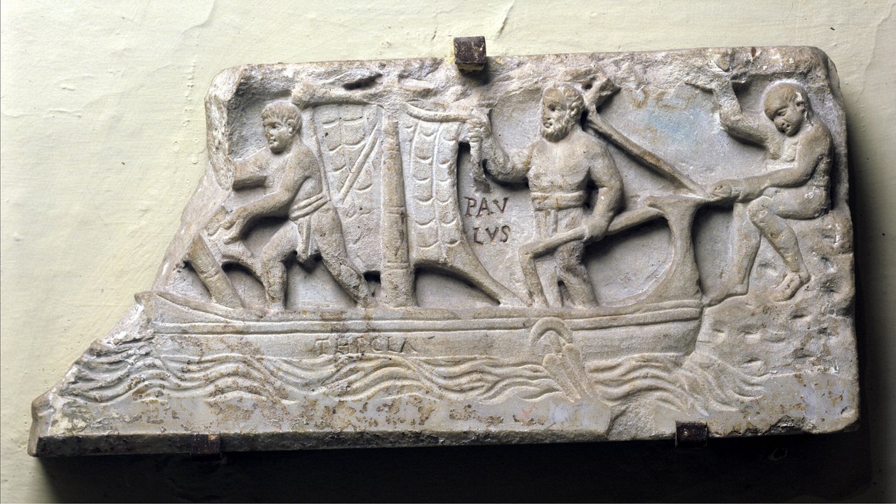 Cover of a sarcophagus with a symbolic representation of a ship named Thecla: Saint Paul holds the rudder and maneuvers the sail by Roman Roman