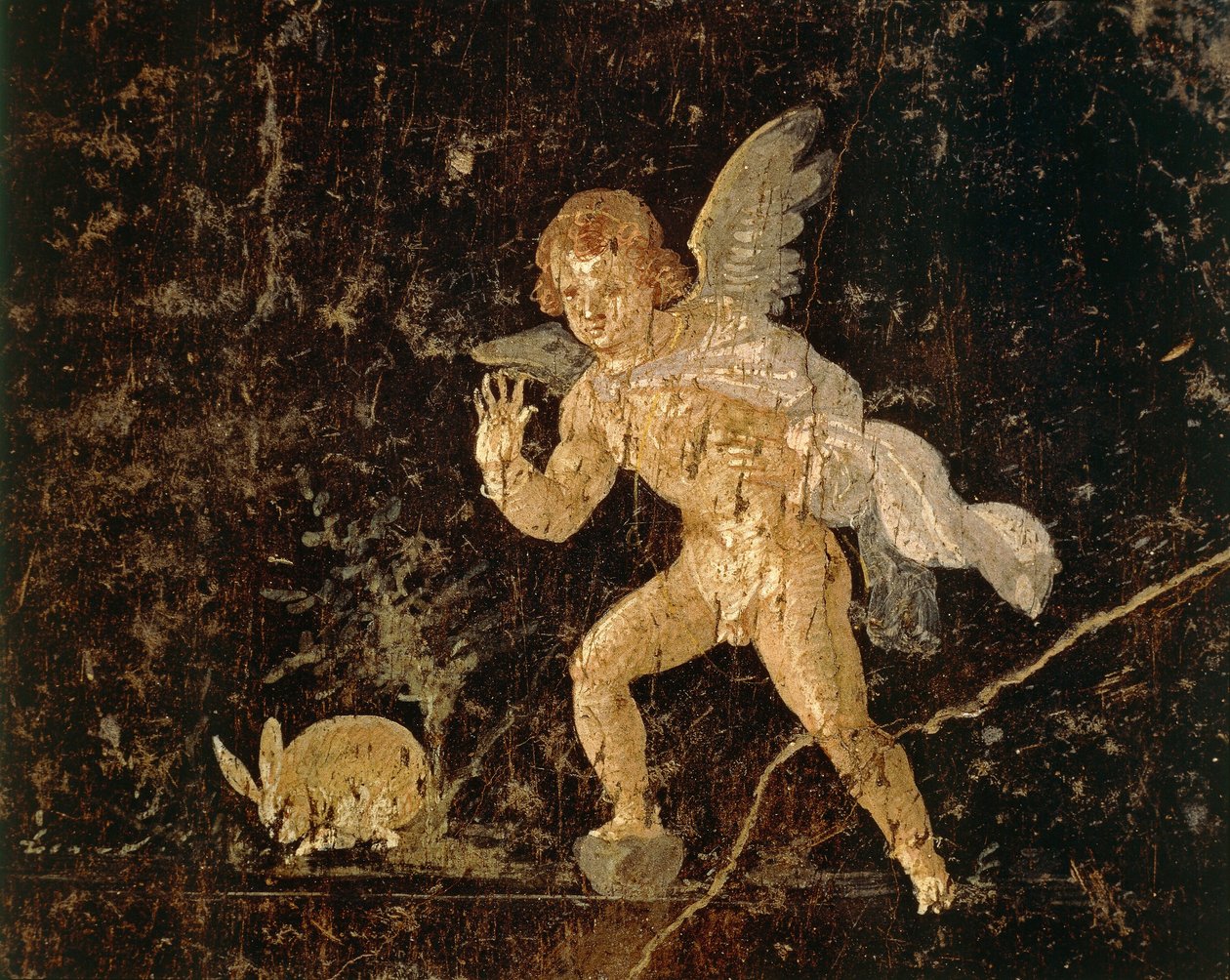 Fresco depicting Cupid hunting a hare from Pompeii, Naples province, Italy by Roman Roman