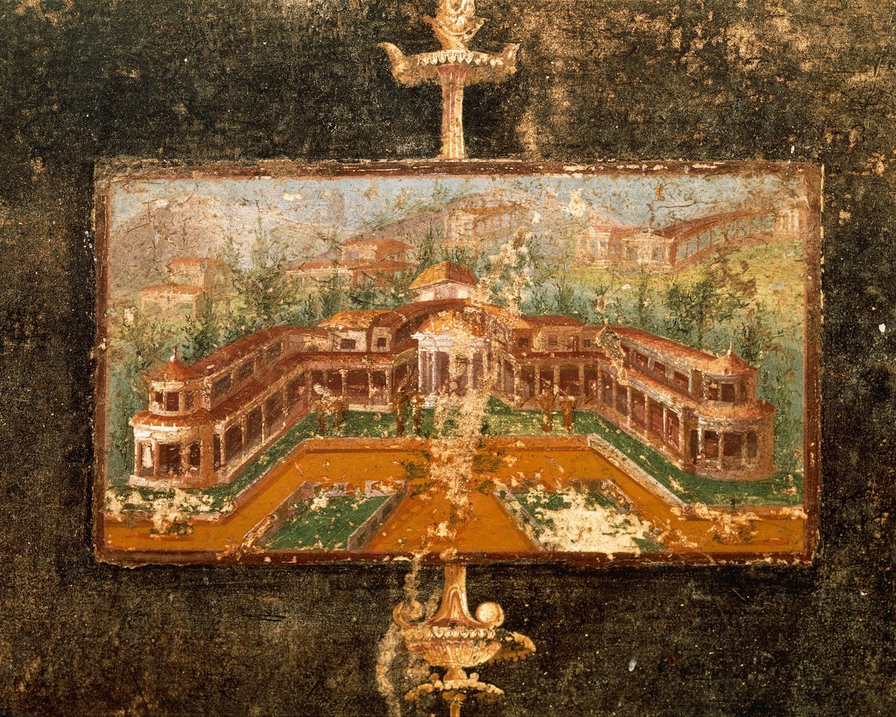 Landscape and Architecture in Wall Painting in Tablinum, 3rd Pompeian Style, House of Marco Lucrezio Fronto, from Pompeii, Campania, Italy by Roman Roman