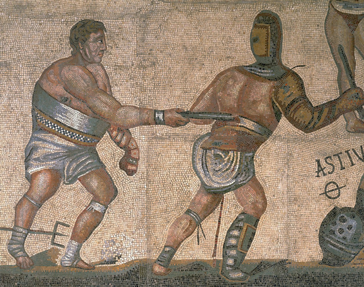 Mosaic with a scene of fighting gladiators, detail of a gladiator clad ...