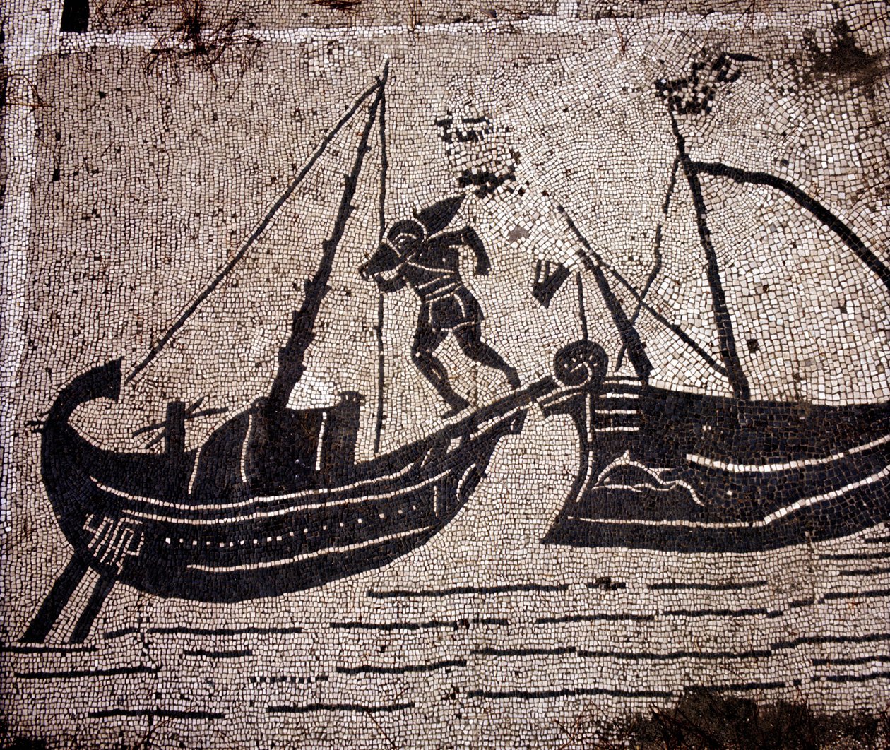 Ostia Ancient, Mosaic of the Place des Corporations. Loading a boat by Roman Roman