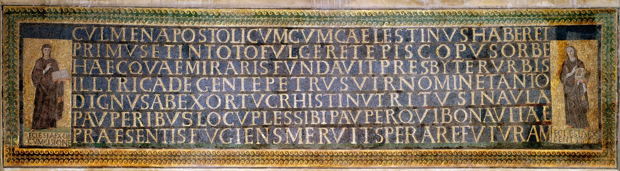 Roman art: mosaic carrying the dedication to Saint Sabine, Christian martyr of the 2nd century. It bears the names of Peter of Illyria, founder of the Basilica, and Pope Celestin I (422-432) by Roman Roman