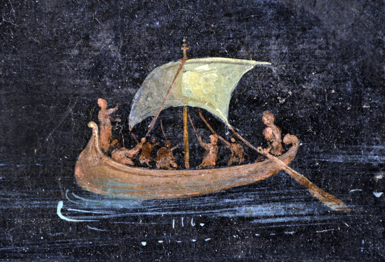 Roman Art: River Scene - Boat and Sailors on a River - Fragment of a Pompei Fresco Preserved at the Archeological Museum of Naples, Italy by Roman Roman