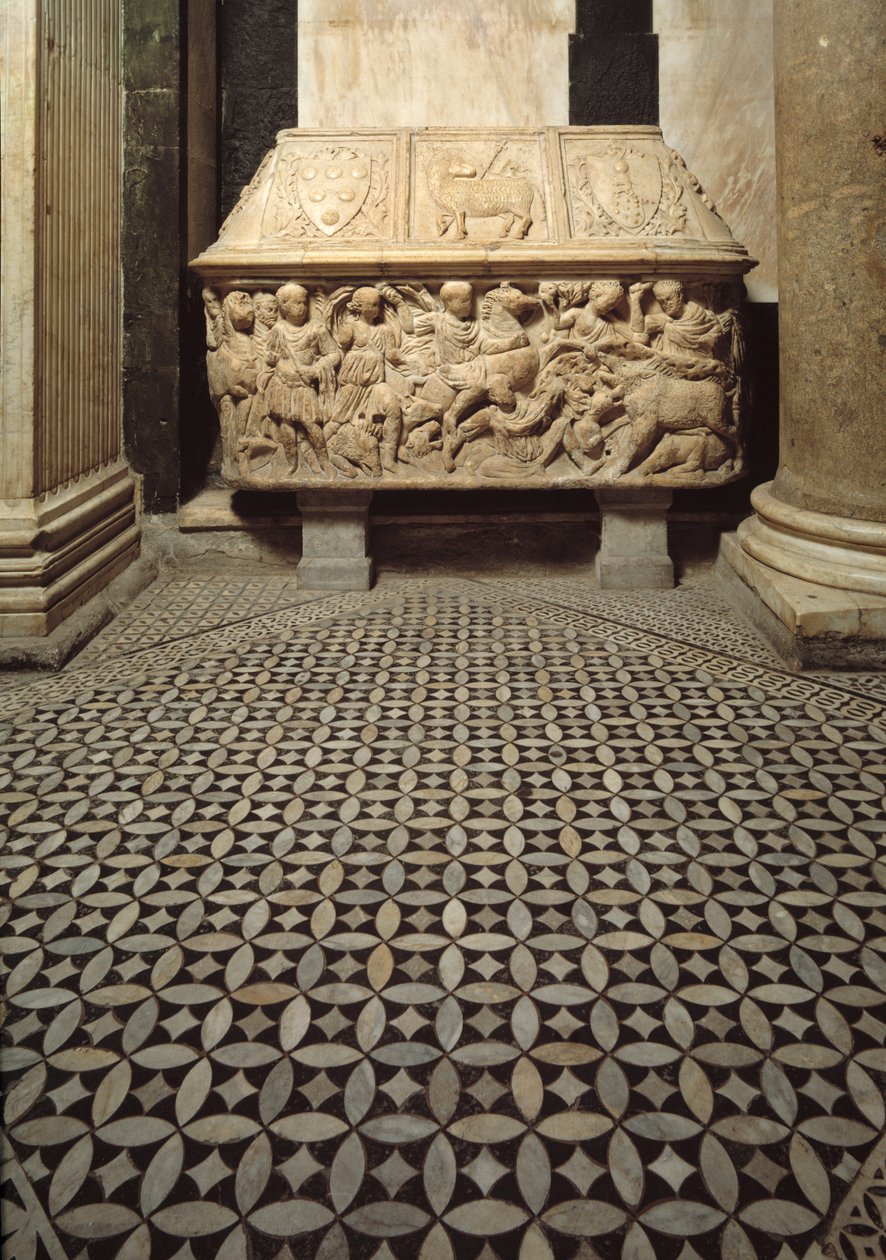Roman Sarcophagus with Reliefs of a Wild Boar Hunting Scene by Roman Roman