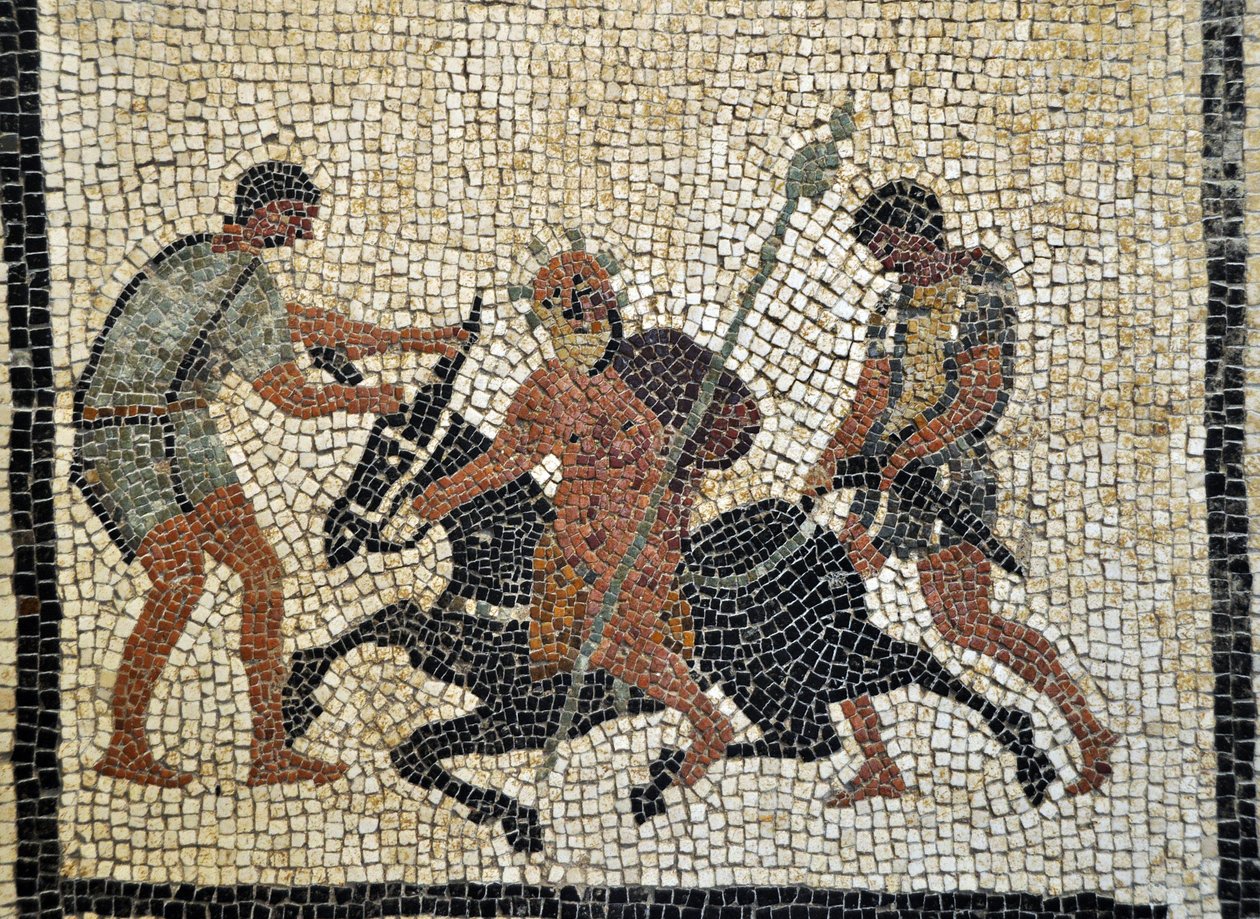 Drunk Silene rides on a donkey held by two servants. Mosaic from Pompeii, house of Paquius Proculus or C. Cuspius Pansa - Archaeological Museum of Naples, Italy by Roman Roman