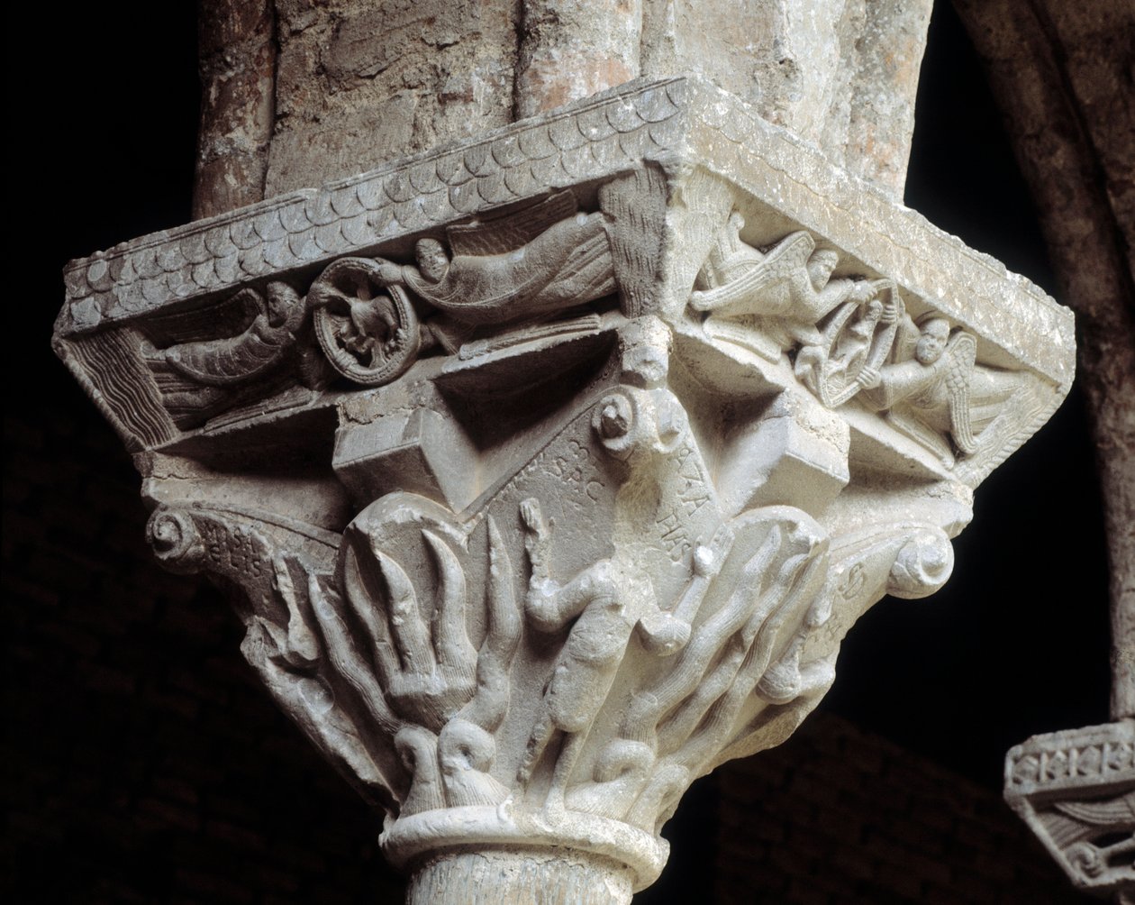 Capital representing the three Jews in the fiery furnace (sculpture) by Romanesque