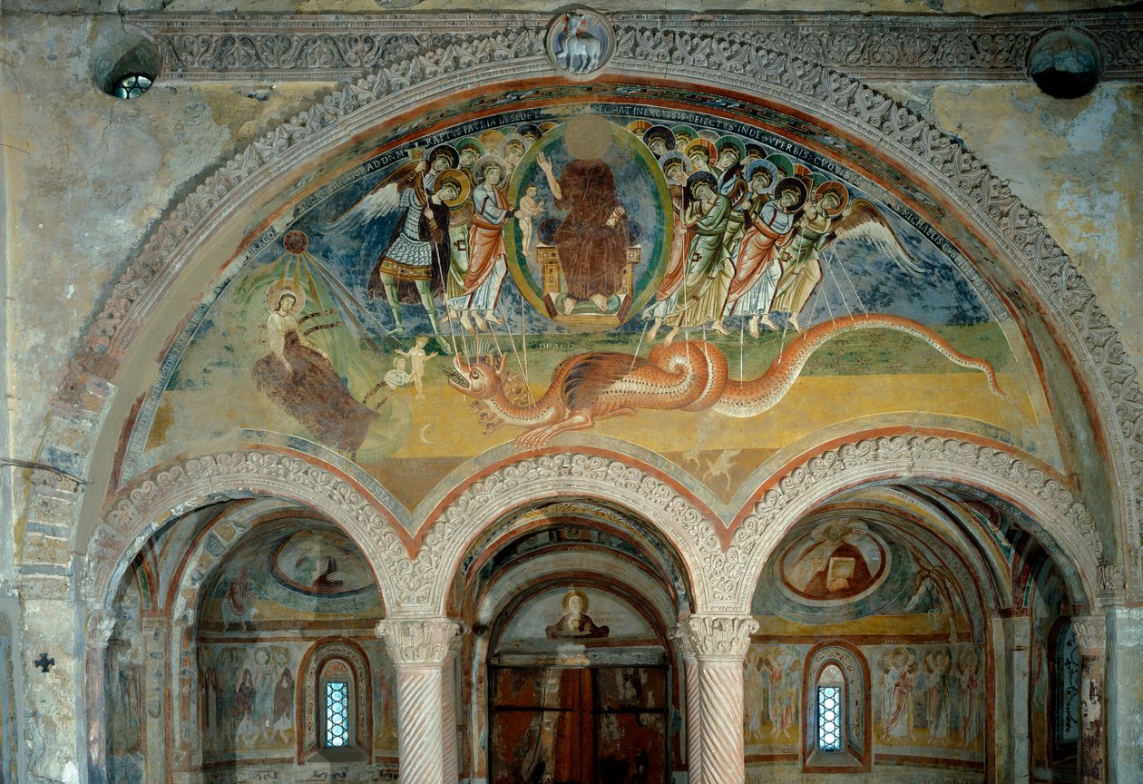 Representation of the Apocalypse: the angels pierce with their arrows the monster with seven heads by Romanesque
