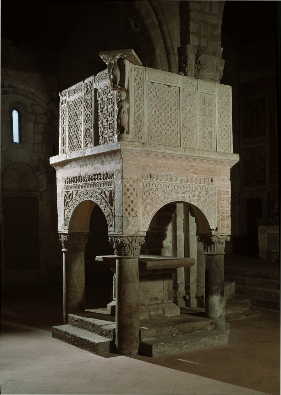 Romanesque Art: Pulpit of the Church Decorated with Marble and Reliefs, Church of St Maria Maggiore (Tuscania, Italy) by Romanesque