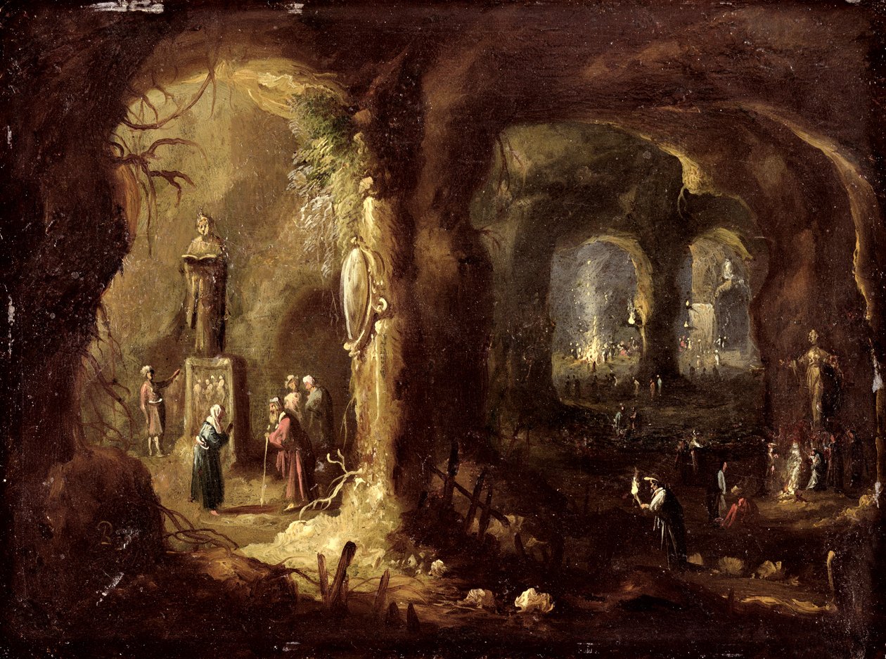 Grotto with Statues and Numerous Figures Worshipping Idols (St Simeon Stylites) by Rombout van Troyen