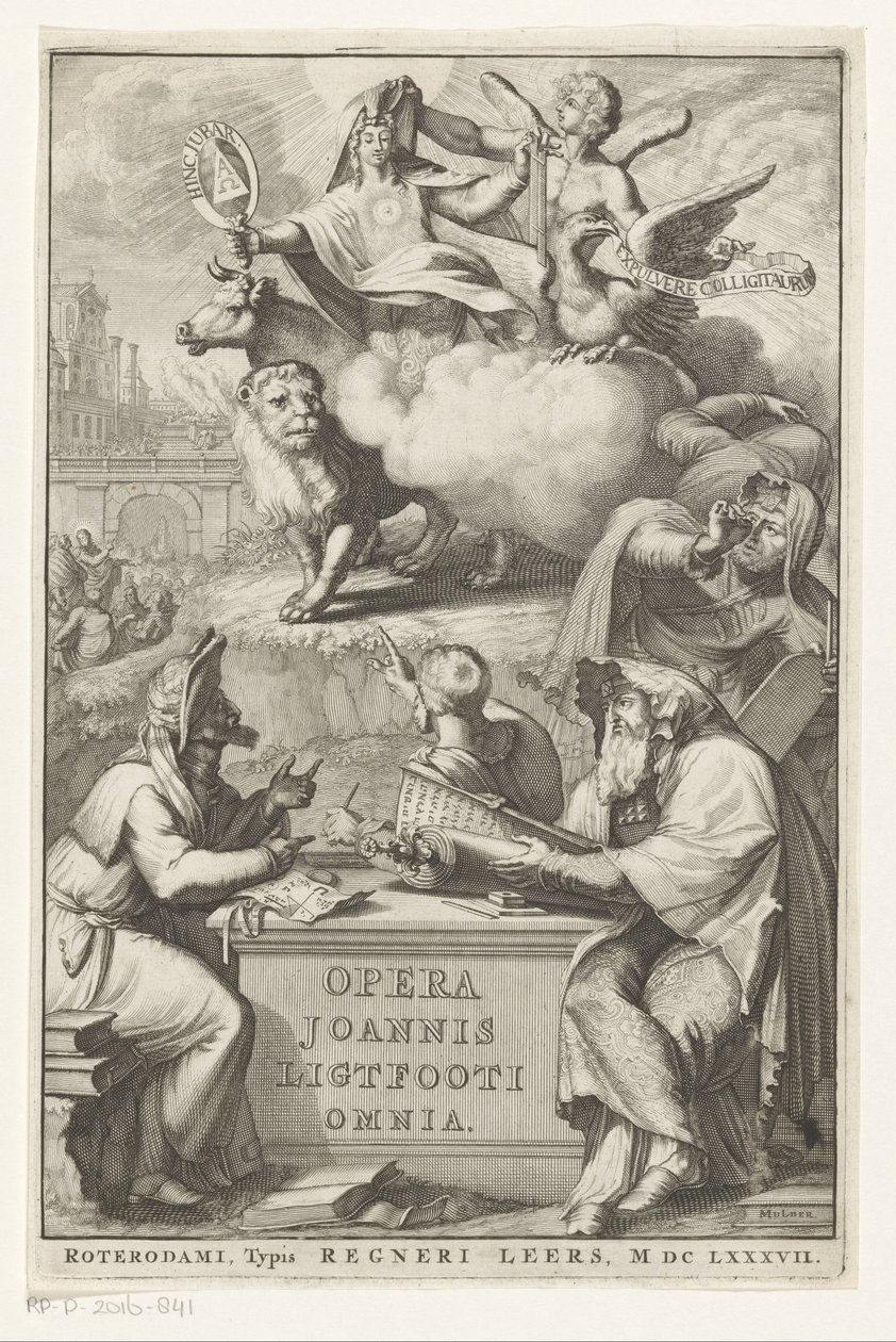 Allegorical Figure with Jewish Man Title Page for: John Lightfoot, Opera Joannis Ligtfooti Omnia, 1686 by Romeyn de Hooghe