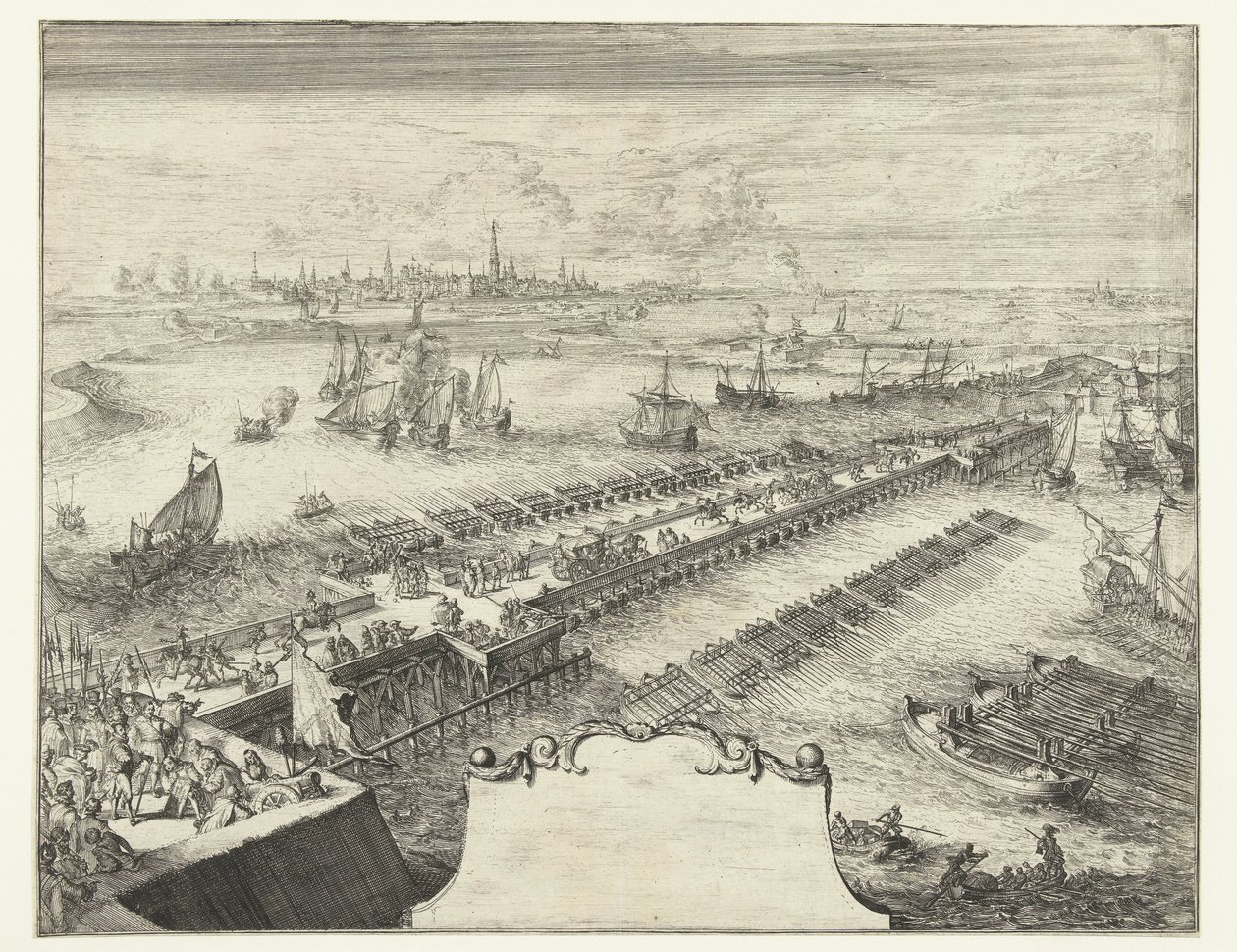 Pontoon Bridge of Parma over the Scheldt, 1585 (Guerres de Flandres) by Romeyn de Hooghe