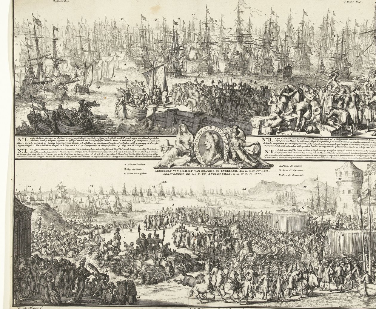 Journey of William III to England, 1688 (Departure of His Royal Highness to England, 11 Nov. 1688 / Arrival of His Royal Highness Prince of Orange in England, 15 and 16 Nov. 1688) (title on object) by Romeyn de Hooghe