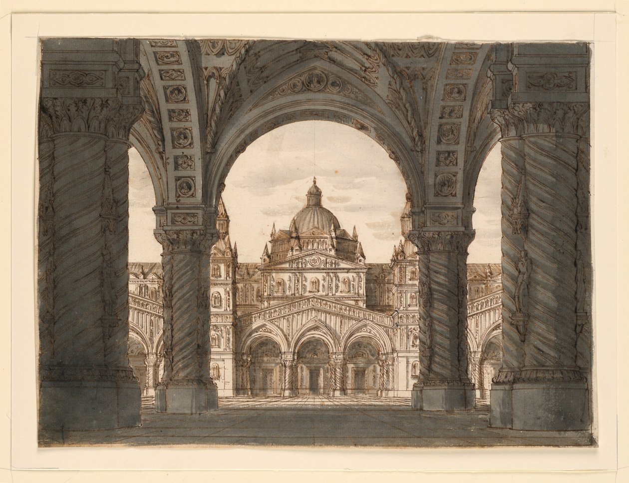 Stage Design, Church Facade from a Loggia, I due Valdomiri by Felice Romani, music by Pietro de Winter. Performed at La Scala, Milan, 1818 by Romolo Achille Liverani