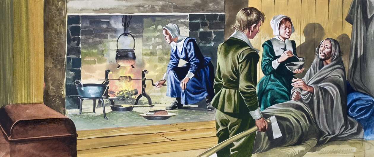 The Pilgrim Fathers in Half Built Houses by Ron Embleton