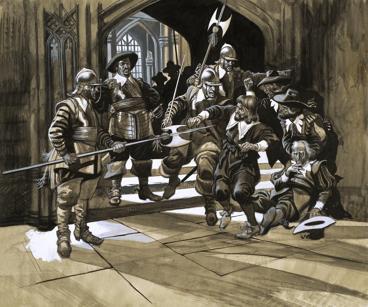 Unidentified Men Being Thrown Out of a Building by Guards by Ron Embleton