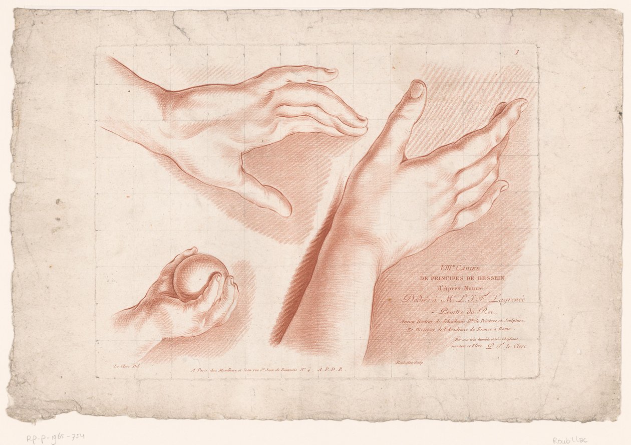 Title print with three hands (Principles of Drawing from Nature, part eight series) by Louis François Roubillac