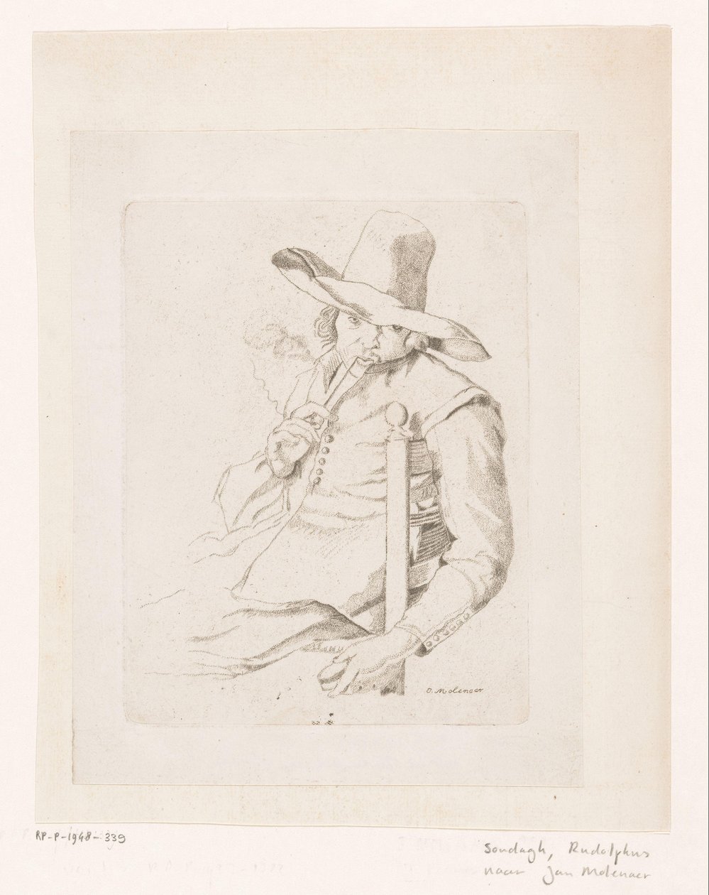 Man Smoking a Pipe with a Top Hat on a Chair by Rudolphus Sondagh
