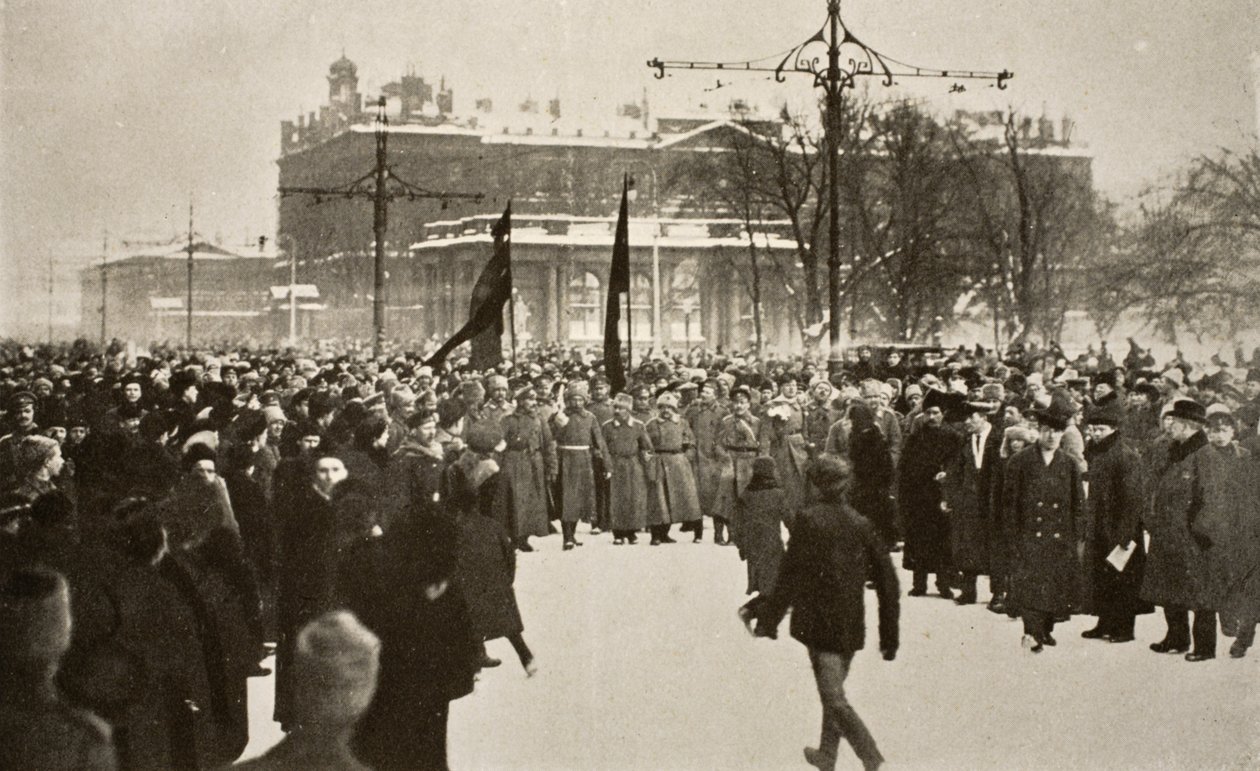 Soldiers with Red Flags Leading an Immense Crowd in the Nevsky Prospect, March 1917 by Russian Photographer