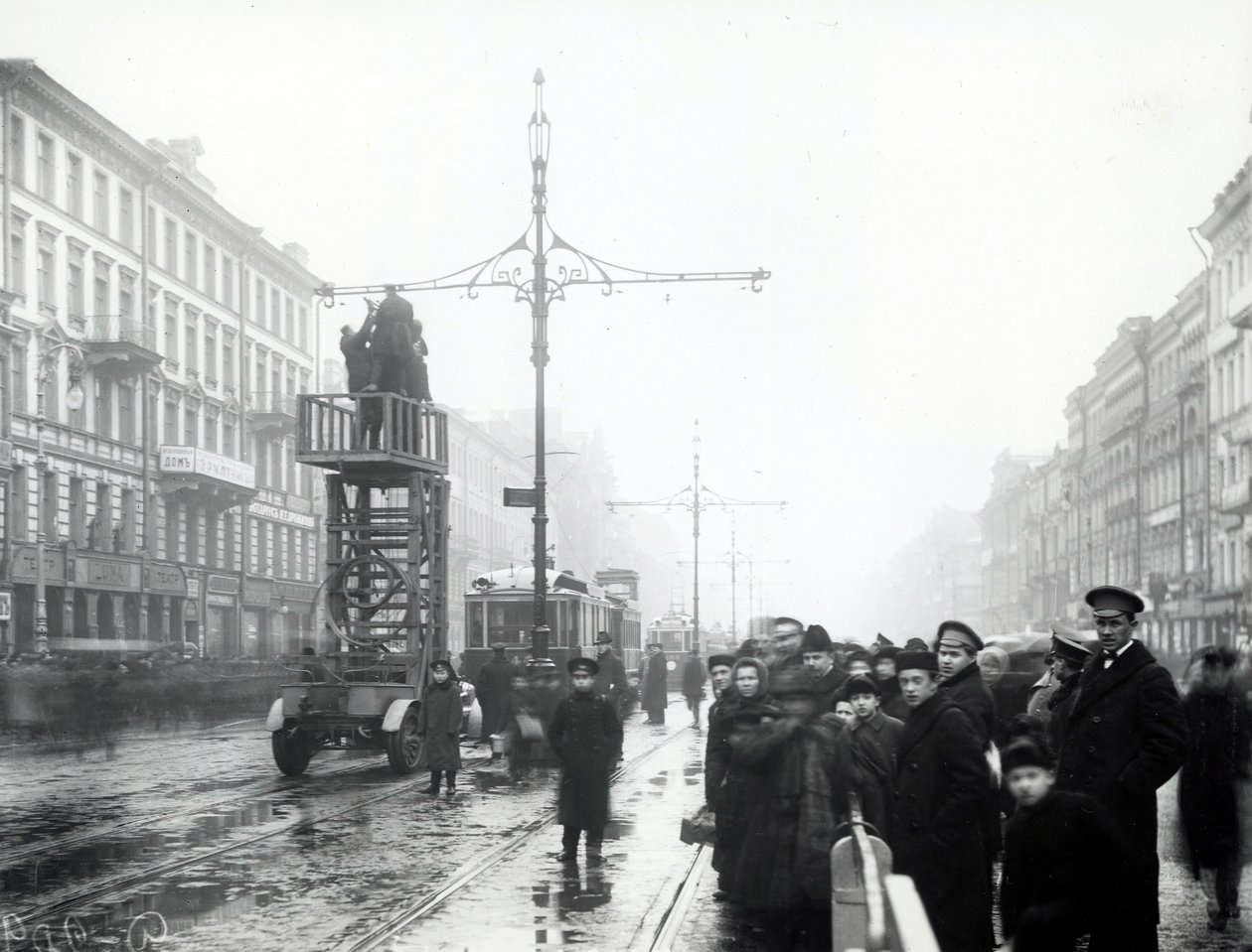 Workers carrying out repairs to tram lines, St Petersburg, c.1914 by Russian Photographer