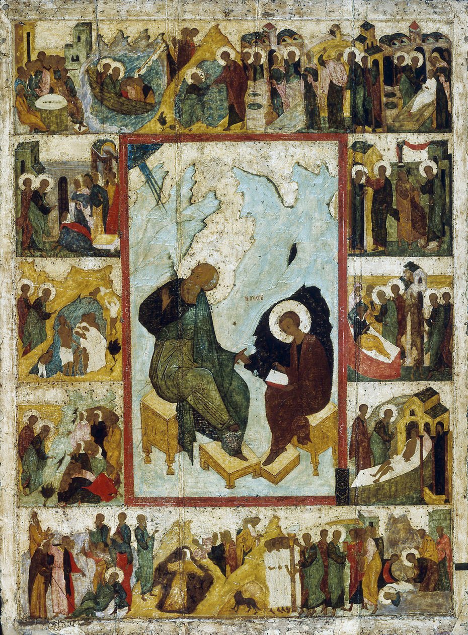 Saint John the Evangelist on Patmos with Scenes from His Life by Russian icon.