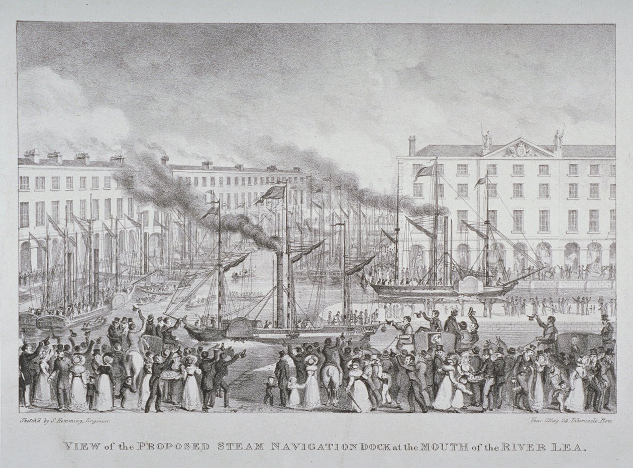 View of the proposed steam navigation dock at the mouth of the River Lea, c.1835 by S. Hemming